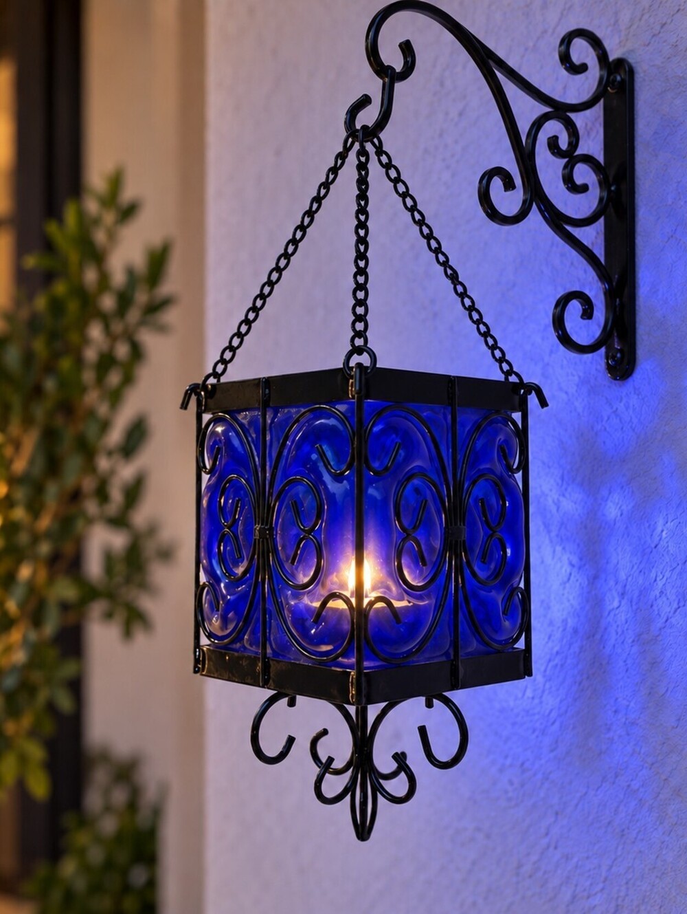 Cobalt Blue Glass Hanging Candle Lantern Black Metal Scroll Wall Sconce Decor
